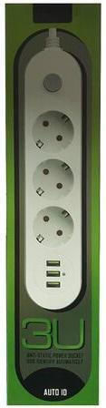 3U Power Strip 3 Positions with 3 USB-A, Switch and Cable 2m