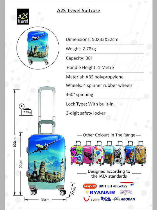 A2S World Monuments Cabin Hard Multicolour Suitcase With 4 Wheels Height 55cm