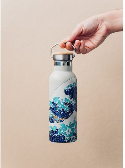 Grupo Erik Japanese Art Hokusai Bottle Thermos Stainless Steel BPA Free 500ml Beige with Handle