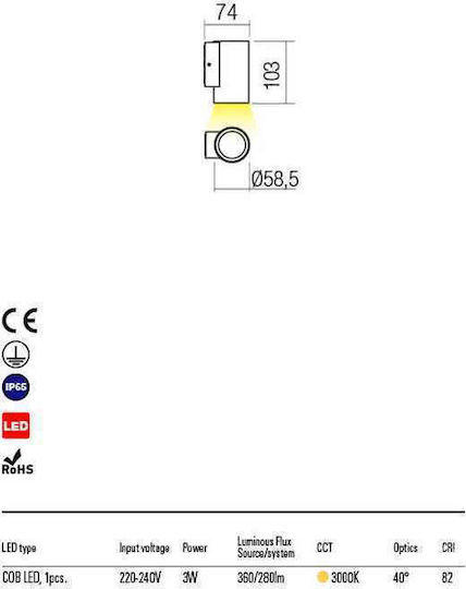 Redo Group Επιτοίχιο Εξωτερικό Σποτ LED IP65 3W με Θερμό Λευκό Φως