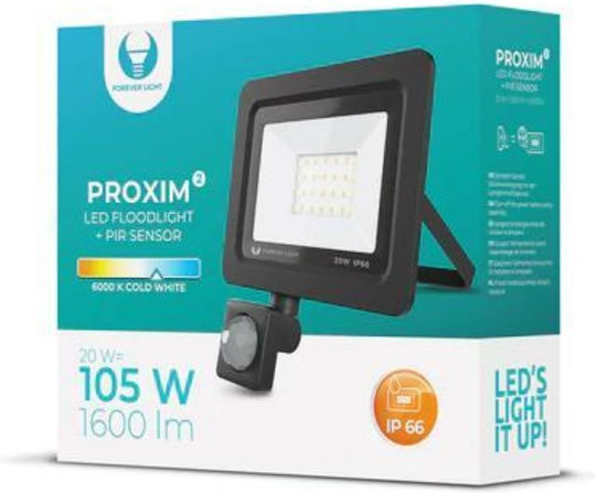 Forever Light Proxim Ii Στεγανός Προβολέας LED 20W Ψυχρό Λευκό 6000K με Αισθητήρα Κίνησης IP66