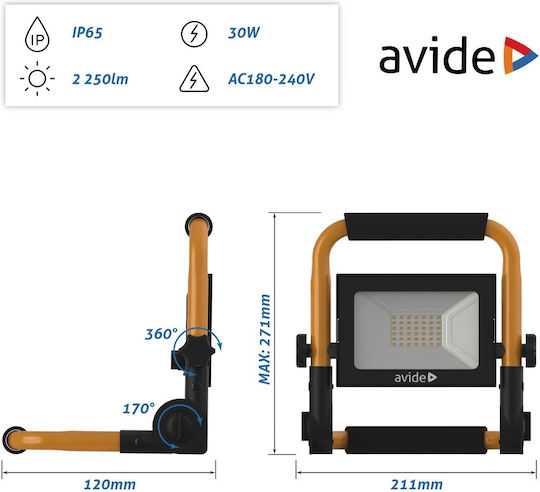 Avide Στεγανός Προβολέας LED 30W Φυσικό Λευκό 4000K IP65