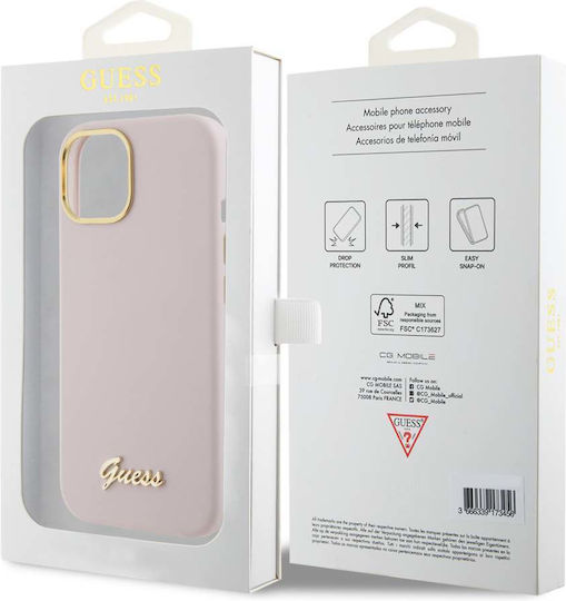 Guess Silicone Script Metal Logo & Frame Umschlag Rückseite Kunststoff Rosa (iPhone 15)
