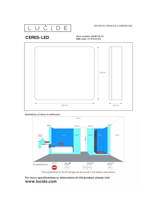 Lucide Lightning Ceres Ceiling Mount Light Bathroom 21.5cm White with Integrated LED