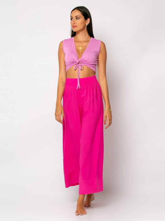 Noobass Women's High-waisted Fabric Trousers with Elastic Fuchsia