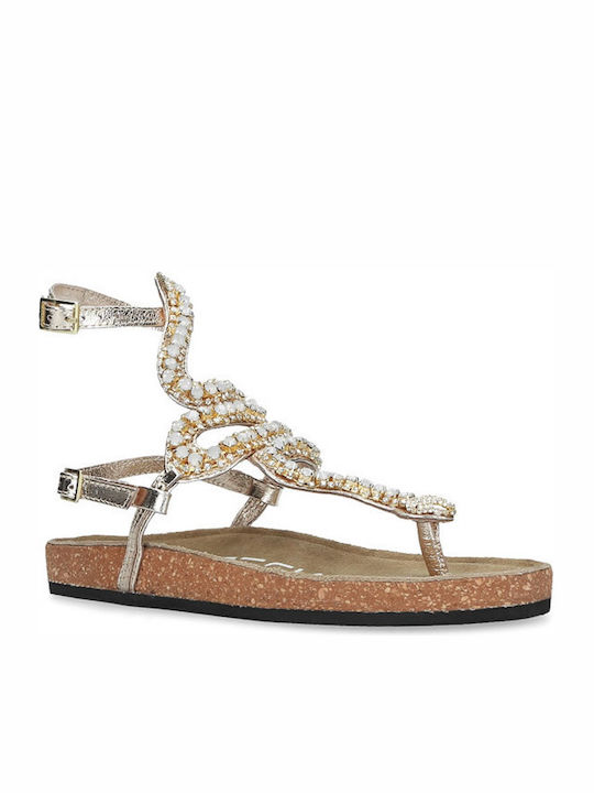 Strategia Leather Women's Flat Sandals in Gold Color