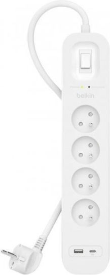 Belkin Bandă de alimentare 4 Prize cu 1 USB-A, USB-C și Cablu 2m