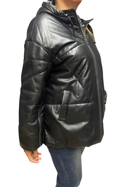 MARKOS LEATHER Women's Short Lifestyle Leather Jacket for Winter with Hood BLACK