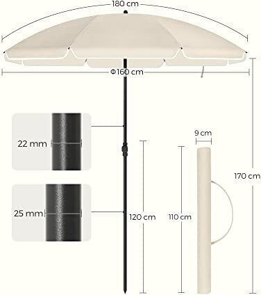 Songmics Folding Beach Umbrella Diameter 1.6m with UV Protection Beige