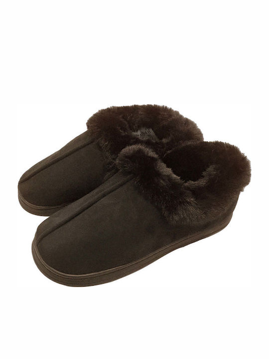 Heel Enclosed Men's Slippers with Fur Brown