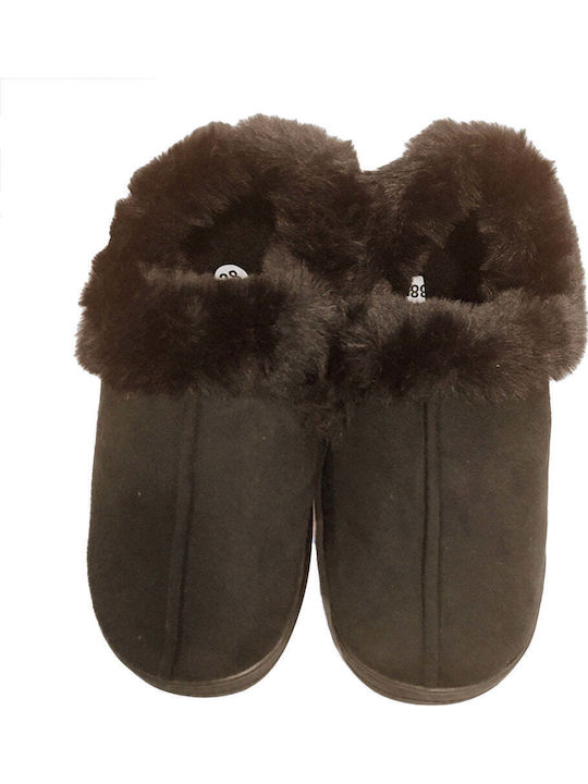 Heel Enclosed Men's Slippers with Fur Brown