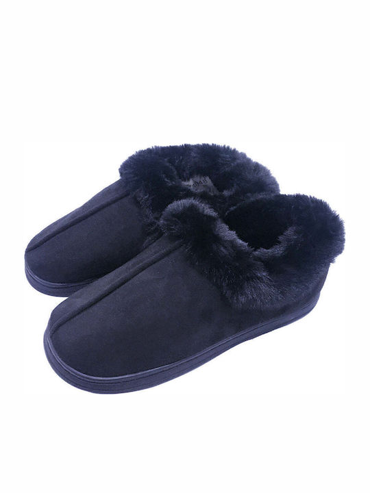 Heel Enclosed Men's Slippers with Fur Blue