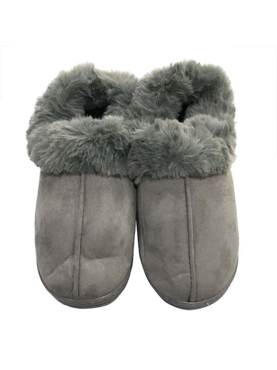 Ustyle Heel Enclosed Men's Slippers with Fur Gray