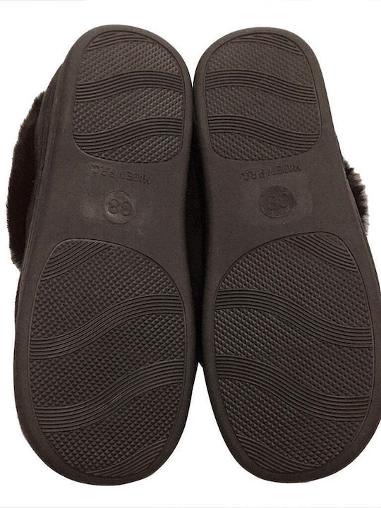 Heel Enclosed Men's Slippers with Fur Brown