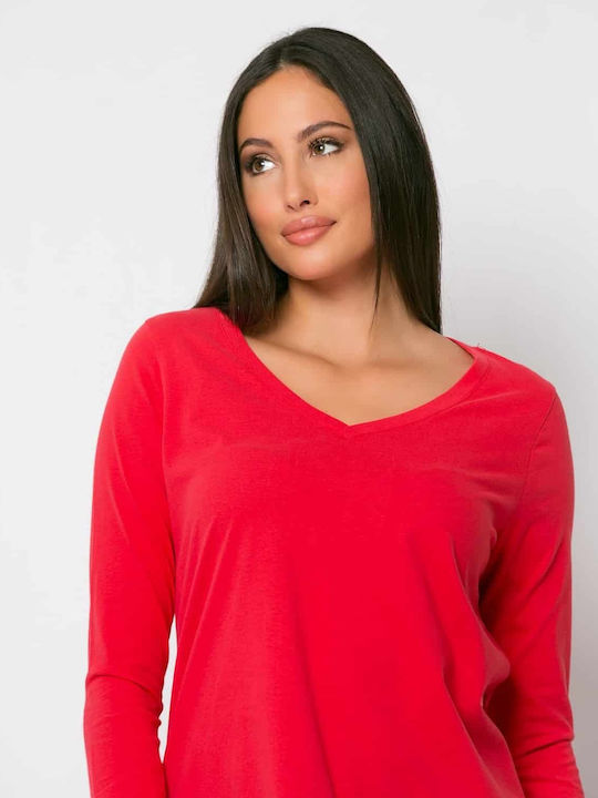 Noobass Damen Sportliches Bluse Langärmelig mit V-Ausschnitt Red
