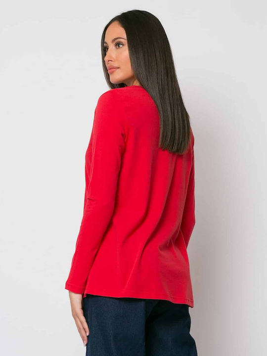 Women's Athletic Blouse Long Sleeve with V Neckline Red
