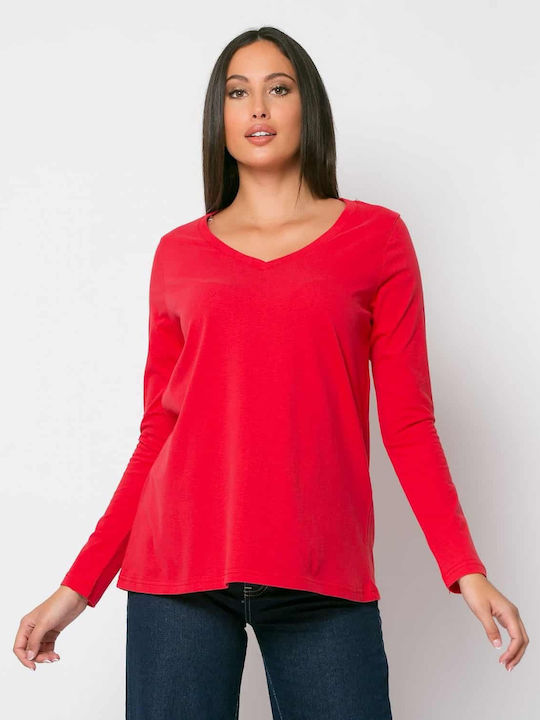 Women's Athletic Blouse Long Sleeve with V Neckline Red