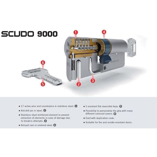 AGB Lock Cylinder Security Scudo 9000 90mm (40-50) with 5 Keys Silver