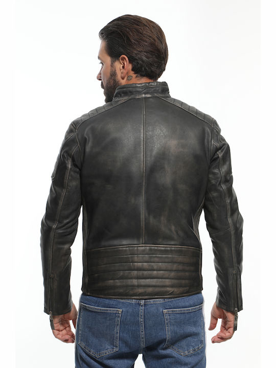 Newton Leather Men's Winter Leather Biker Jacket Black-Tan