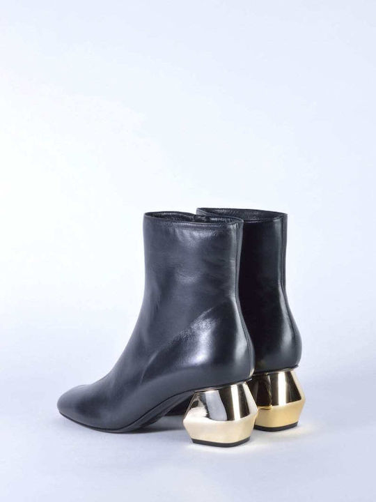 Emporio Armani Black Leather Ankle Boots with Gold Heel