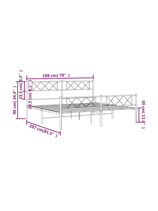 Метално Легло King Size Бяло с Дъски за Матрак 190x200см
