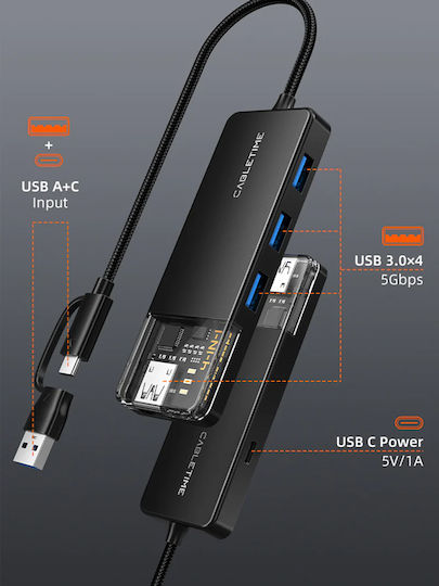 Cabletime USB-Hub 4 Anschlüsse USB 3.0 mit USB-A / USB-C Verbindung