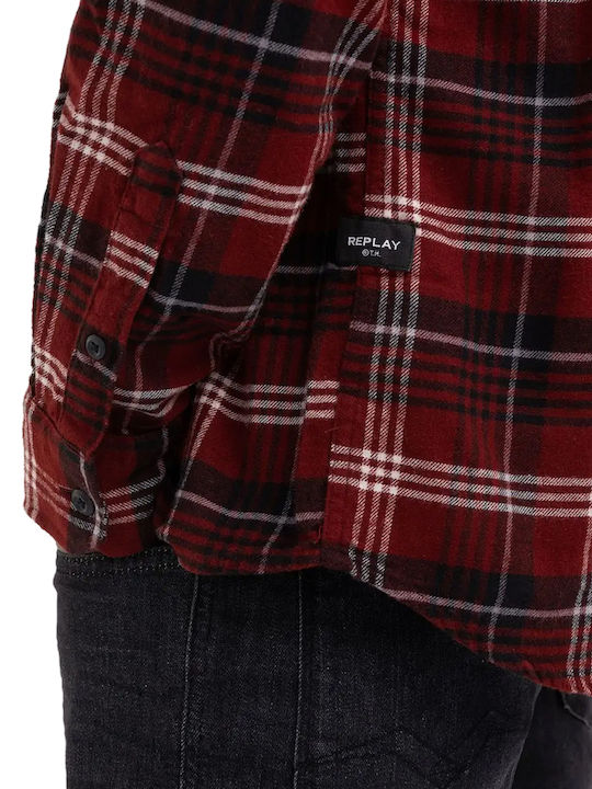 Long-sleeved Flannel Shirt Checked Red-Black-Black-Grey-Natural White.