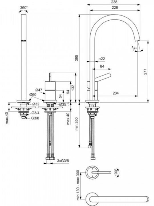 Ideal Standard Gusto Ψηλή Μπαταρία Κουζίνας Πάγκου Γκρι