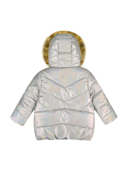 Iridescent Kids Quilted Short Coat with Hood Silver