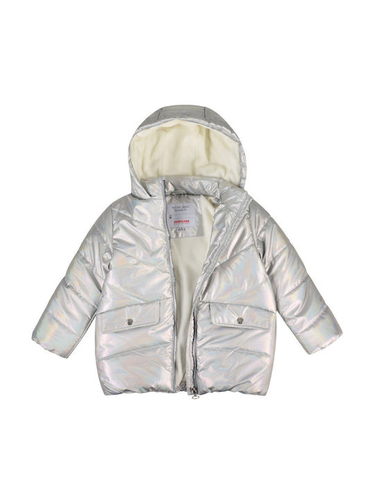 Iridescent Kids Quilted Short Coat with Hood Silver