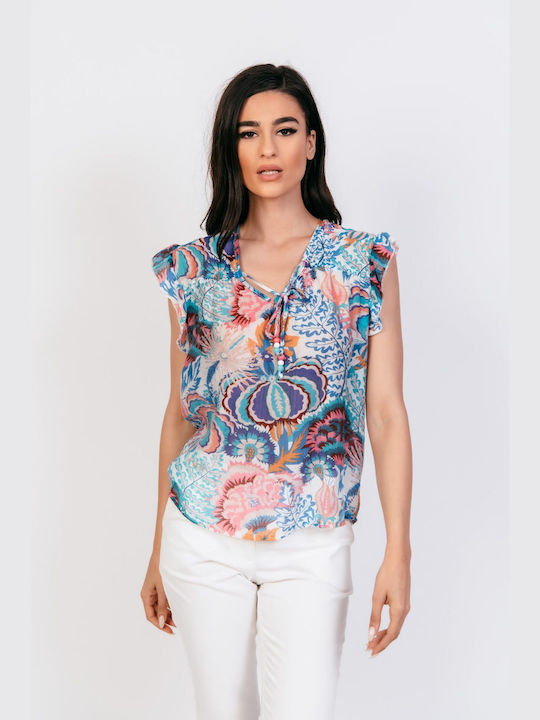 Donna Martha Women's Summer Blouse Cotton Sleeveless with V Neckline Multicolour