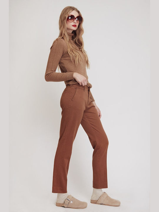 Sarah Lawrence Women's High Waist Capri Chino Trousers camel colour