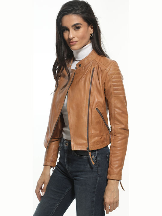 Women's Short Lifestyle Leather Jacket for Winter Brown