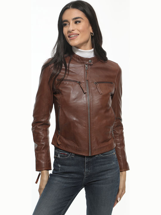 Women's Short Lifestyle Leather Jacket for Winter Brown