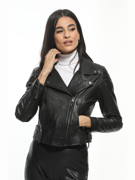 Women's Short Lifestyle Leather Jacket for Winter Black
