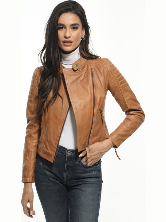 Women's Short Lifestyle Leather Jacket for Winter Brown