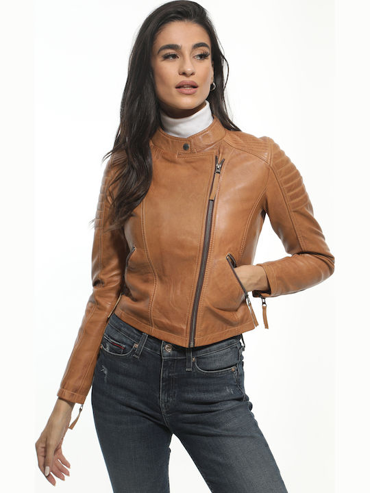 Women's Short Lifestyle Leather Jacket for Winter Brown