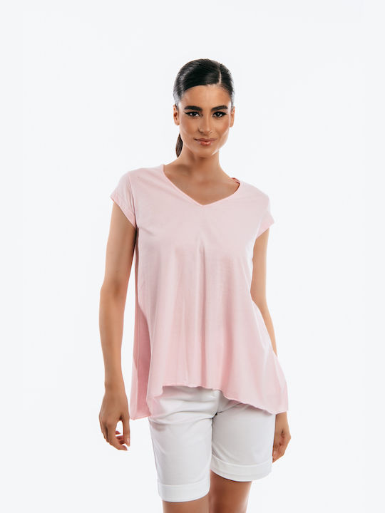 Boutique Women's Blouse Cotton Short Sleeve with V Neckline Pink