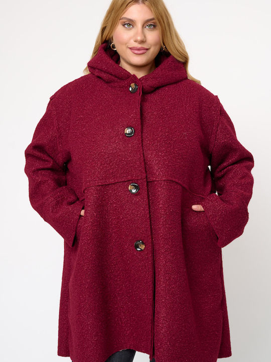 Jucita Women's Curly Midi Coat with Buttons and Hood Bordeaux