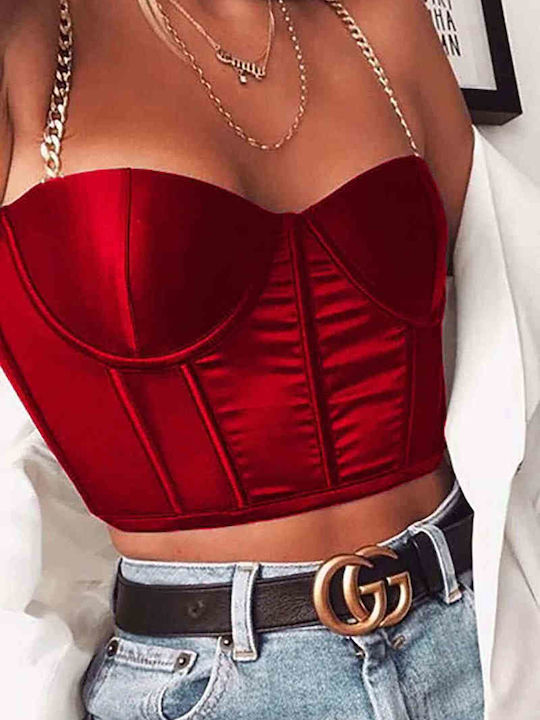 Merry See Дамско Crop Top Сатенено с Презрамки Red