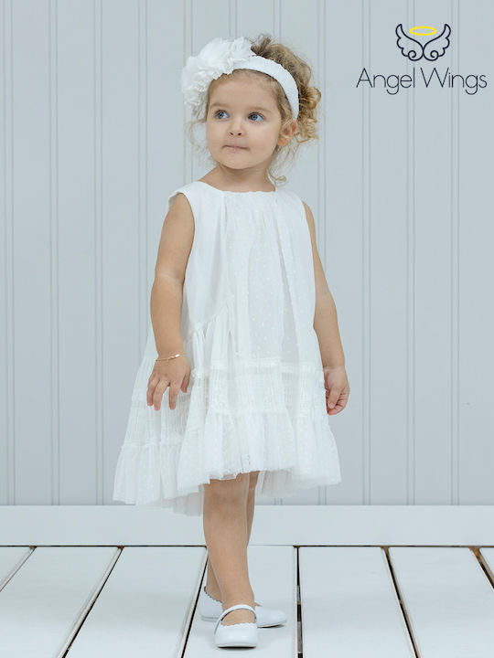 Angel Wings Ecru Baptism Clothes Set with Hair Accessories and Tulle Dress 2 Pieces