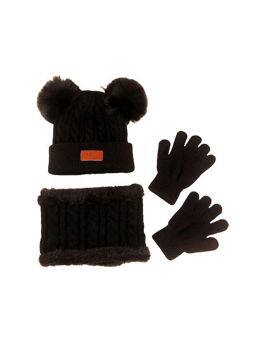 TakTakBaby Σετ Παιδικό Σκουφάκι με Κασκόλ & Γάντια Πλεκτό Μαύρο
