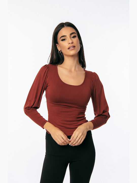 Γυναικεία Μπλούζα Off-Shoulder Μακρυμάνικη Κανελι