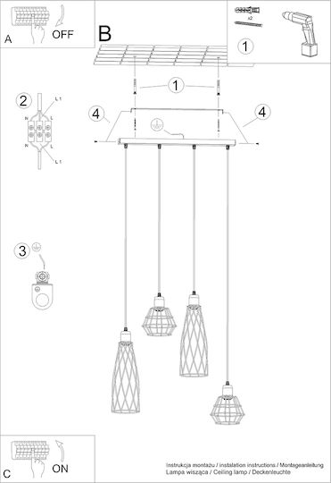 Sollux Pendant Light Black for 4 Bulbs E27 38x38x20cm