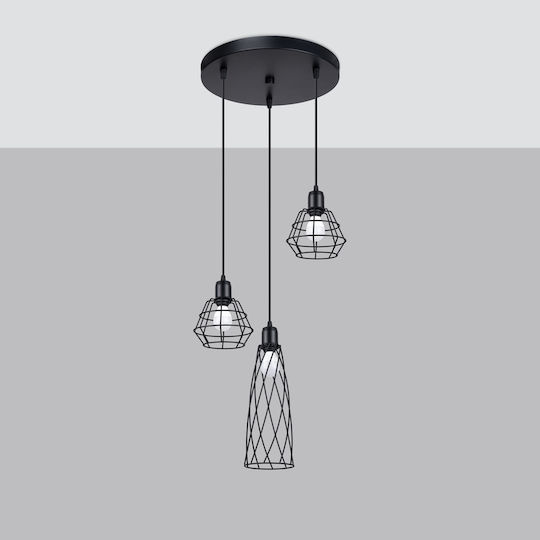 Sollux 3p Pendant Light Black with Socket E27 38x38x20cm