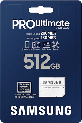 Samsung PRO Ultimate microSDXC 512GB U3 V30 A2 UHS-I 200MB/s с адаптер