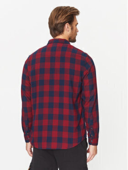 Western Long Sleeve Flannel Shirt in Regular Fit Checked Red