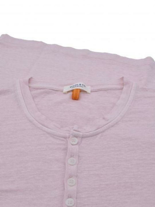 Wool & Co Men's Short Sleeve T-shirt with Buttons Pink