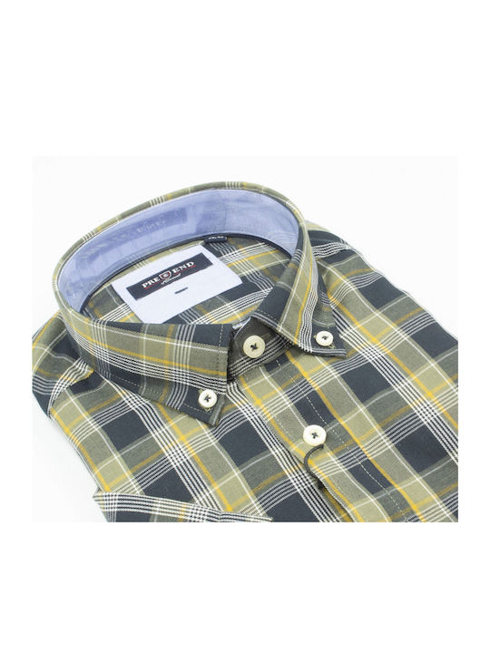 Pre End Men's Shirt Short Sleeve Checked Blue olive oil.