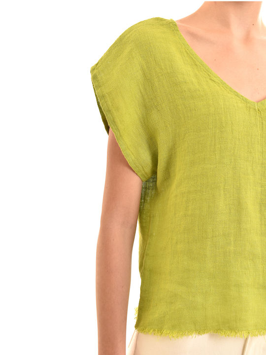Blouse-lime Γυναικεία Καλοκαιρινή Μπλούζα Λινή Κοντομάνικη Πράσινη